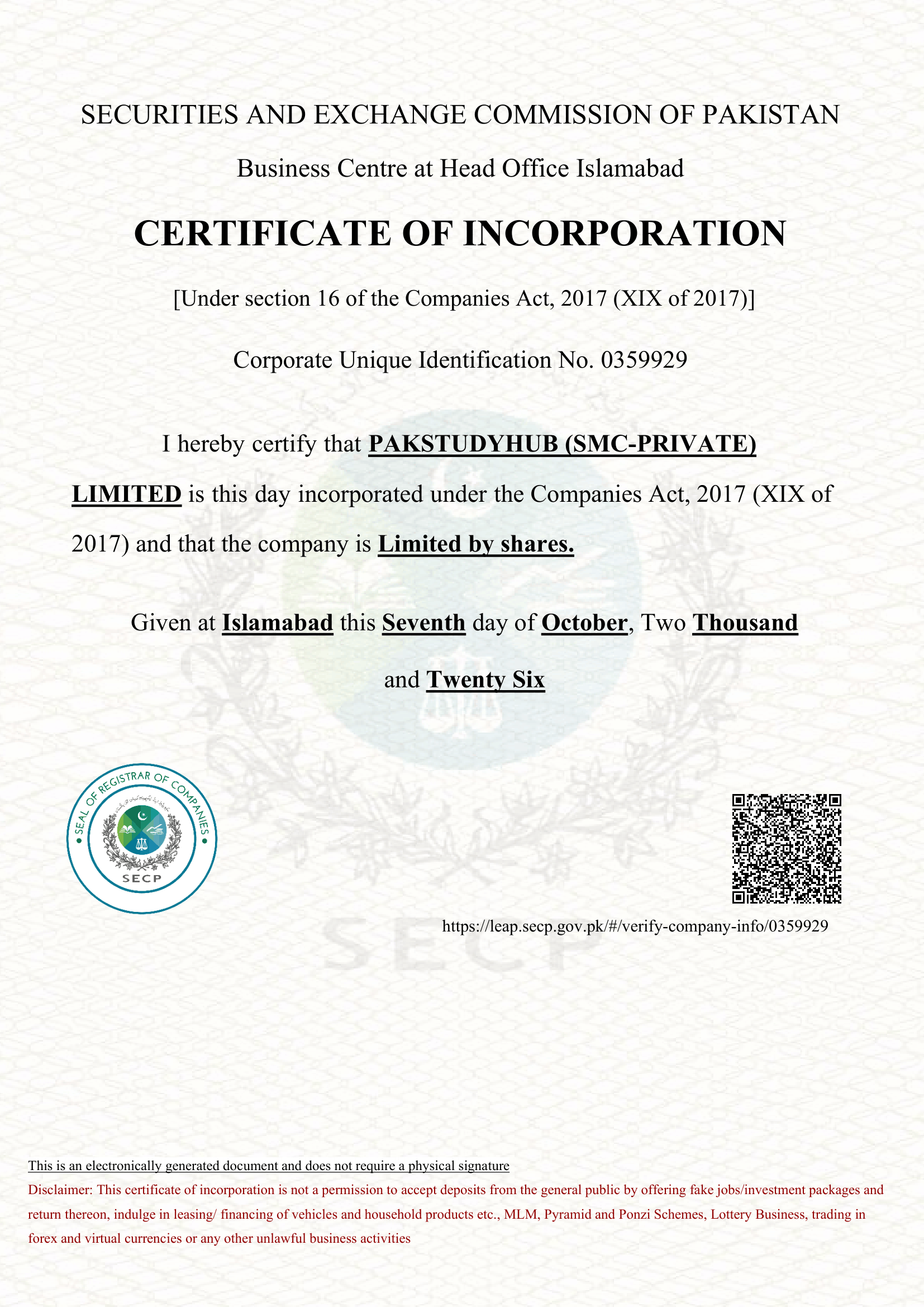 SECP registration certificate